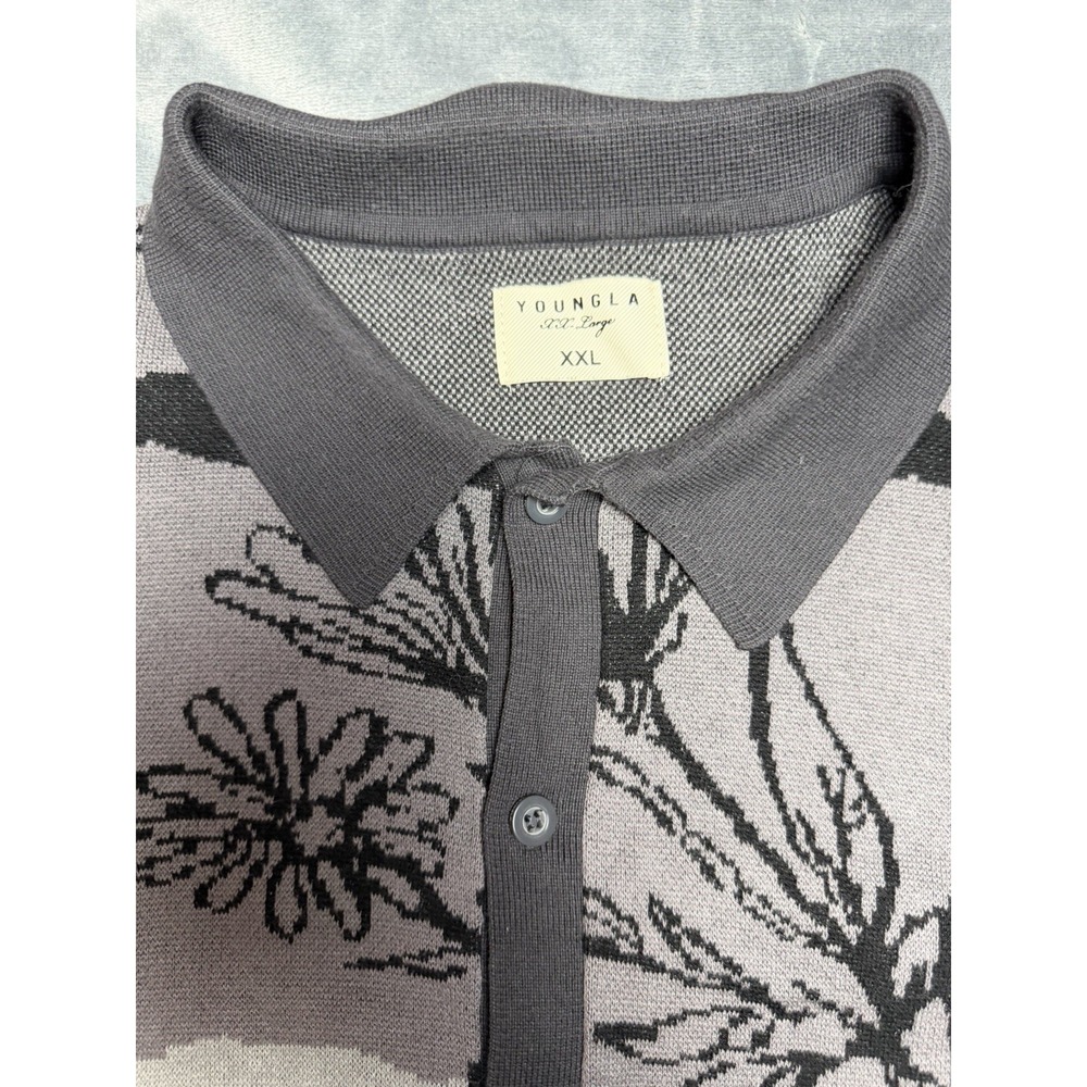 YoungLA Shirt Mens 2XL Gray Graphic Short Sleeve Button Up Knit Scenic - Picture 2 of 6